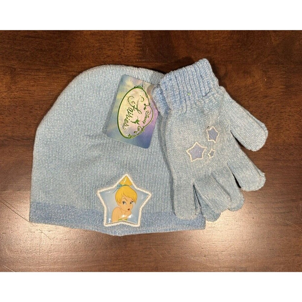 Disney Fairies Tinkerbell Girls size 4-6  blue knitted beanie hat & gloves set
